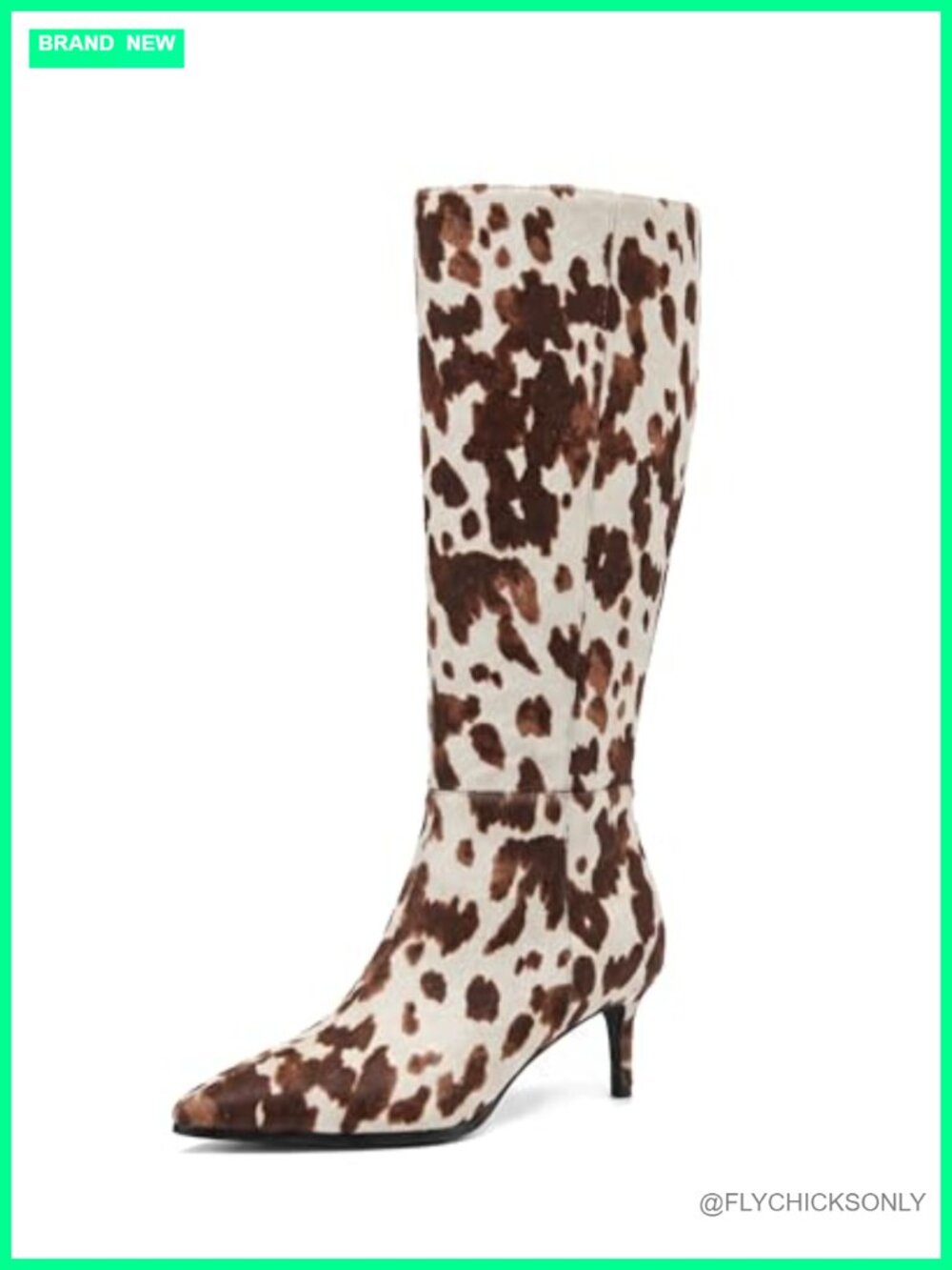 Cow Print Knee High Boots Pointed Toe Side Zipper Kitten Heel Dress Boot